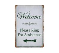 Vintage Welcome Please Ring For Assistance Arrow Scroll Metal Tin Sign