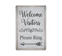 Vintage Welcome Visitors Please Ring Arrow Scroll Metal Tin Sign