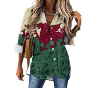 Vintage Welsh Flag Blouses for Women Casual Long Sleeve Shirts Hawaiian Button Down Tee Tops S