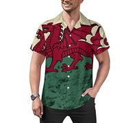 Vintage Welsh Flag Men's Casual Button-Down Shirts Short Sleeve Cuban Collar Tees Tops Hawaiian T-shirt M