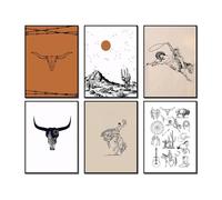 Vintage Western Cowboy Poster Set of 6, Southwestern Wall Art Longhorn Bull Skull Wall Decor Mid Century Retro Desert Canvas Painting Prints for Bedroom Living Room Dorm 12x16 inch Unframed