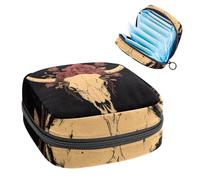 Vintage Western Vintage Cow Skull with Rose Sanitary Napkin Storage Bag, Large Menstrual Cup Pouch with Zipper, Period Pads Bag Store Panty Liners Tampons for Girls Women