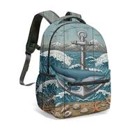 Vintage Whale Anchor Nautical Rucksack, 360 Full Print 40 cm School Bag with Compass Sailboat Illustration for Men Women (04)