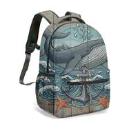 Vintage Whale Anchor Nautical Rucksack, 360 Full Print 40 cm School Bag with Compass Sailboat Illustration for Men Women (03)