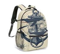 Vintage Whale Anchor Nautical Rucksack, 360 Full Print 40 cm School Bag with Compass Sailboat Illustration for Men Women (02)