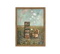 Vintage Whimsical Book Lover Wall Art, Impressionist Flower Field Painting Decor, Rustic Book Nook Canvas Prints, Bookish Gifts French Country Artwork for Bedroom Living Room 24x16 inch Wood Framed