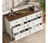 Vintage White Dresser with Aluminum Handles, Walnut Top, 6 Spacious Drawers - Perfect for Bedroom and Living Room Storage Solutions
