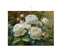 Vintage White Rose Dish Drying Mats For Kitchen Counter, Elegant Floral Absorbent Dish Drainer Mat, Classic Microfiber Drying Pad For Coffee Bar 18x24 Inch