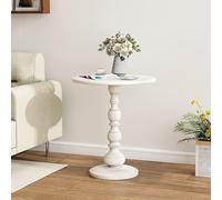 Vintage White Round Side Table Elegant Carved Base Small Nightstand & Coffee Table for Living Room & Bedroom 15 x 15 x 20 inches Retro Home Decor