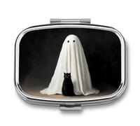 Vintage White Sheet Ghost and Black Cat Pill Box 2 Compartment Portable Medicine Pill Case Travel Pill Organizer for Pocket Purse