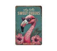 Vintage 'Why Hello Sweet Cheeks' Flamingo Retro Welcome Plaque Metal Wall Art Decorative Tin Sign for Home and Cave 12×8 Inch, 2D Flat