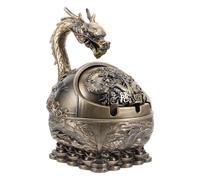 Vintage Wind Proof Ashtray with Lid, Metal Dragon Smoking Holder | Outdoor Ashtray Use, Coffee Colour Finish, Portable Hand Carved Style, Indoor Home Patio Decorative Accent