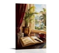 Vintage Window View Open Book Coffee Cup Palm Plant Warm Still Life Canvas Printed Posters Wall Art, Cozy Art for Study Living Room Bedroom Reading Nook Decor 16x24inch