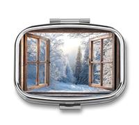 Vintage Window Winter Landscape Snow Forest Pill Box 2 Compartment Portable Medicine Pill Case Travel Pill Organizer for Pocket Purse