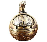 Vintage Windproof Ashtray with Lid,Decorative Metal Ash Tray (Bronze Tiger)