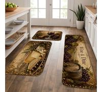 Vintage Wine & Dine Kitchen Mats for Floor, Rustic Grapes and Cheese Design, Autumn Soft Cushioned Washable Decor Rugs for Kitchen Sinks Laundryroom 3pcs