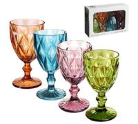 Vintage Wine Glasses Set of 4, Plastic Reusable 12 Ounce Colored Water Goblets, Unique Embossed Pattern Unbreakable Stemmed Wine Glasses, High Clear Wedding Party Bar Drinking Cups Multicolor