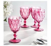 Vintage Wine Glasses Set of 4, Plastic Reusable 12 Ounce Colored Water Goblets, Unique Embossed Pattern Unbreakable Stemmed Wine Glasses, High Clear Wedding Party Bar Drinking Cups Pink