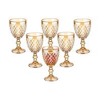 Vintage Wine Glasses Set of 6, 10 Ounce Colored Glass Water Goblets, Unique Embossed Pattern High Clear Stemmed Glassware Wedding Party Bar Glass Drinking Cups Diamond Amber