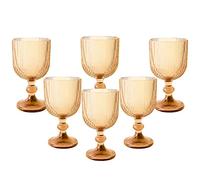 Vintage Wine Glasses Set of 6, 11 Ounces Colored Glass Water Goblets, Colorful Unique Embossed Pattern High Clear Stemmed Glassware Wedding Party Bar Glass Drinking Cups Vertical Line Gold Amber