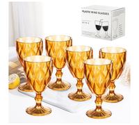 Vintage Wine Glasses Set of 6, Plastic Reusable 12 Ounce Colored Water Goblets, Unique Embossed Pattern Unbreakable Stemmed Wine Glasses High Clear Wedding Party Bar Drinking Cups Amber