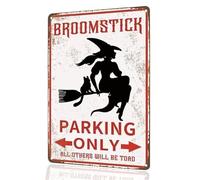Vintage Witch Broomstick Parking Only Metal Sign, Halloween Decorative Tin Wall Art, 8x12 inches, Red and Black