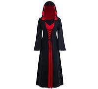 Vintage Witch Dress, Halloween Vampire Costume Women, Hooded Gothic Long Dress Halloween Party Cosplay Costumes Outfit, Medieval Witch Dress with Flare Sleeves