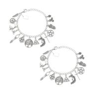 Vintage Witchy Charm Bracelet, Antique Silver Celestial Gothic Jewelry with Tree of Life Moon Sun Pentagram Owl Charms, Art Decor Jewelry for Halloween Party (2pcs)
