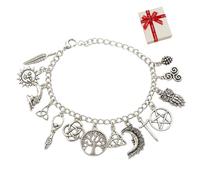 Vintage Witchy Charm Bracelet, Suns and Moons Bracelets, Gothic Charm Bracelet Silver, Antique Silver Celestial Jewelry with Tree of Life, Pentagram, Moon, Sun, Owl & Feather Charms for Women (a)