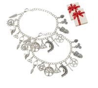 Vintage Witchy Charm Bracelet, Suns and Moons Bracelets, Gothic Charm Bracelet Silver, Antique Silver Celestial Jewelry with Tree of Life, Pentagram, Moon, Sun, Owl & Feather Charms for Women (2a)