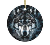 Vintage Wolf Face Pattern Christmas Tree Ceramic Hanging Ornament, Double-Sided Printed Round Ceramic Decoration with Gold String, Holiday Keepsake Gift for Home Party Décor