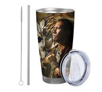 Vintage Wolf Tumbler with Lid, Feather Man Eagle Animals Watercolor Artistic Indian Yellow Stainless Metal Hot Cold Spill Free Desktop Tumbler Set of 1