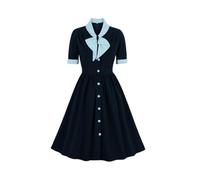 Vintage Women 1940s Bow Tie Neck Dress Retro 40s 50s Button Up Business Work A-line Cocktail Dresses, Navy Blue, L