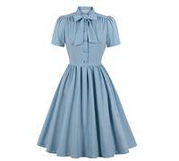 Vintage Women 1940s Bow Tie Neck Dress Retro 40s 50s Button Up Business Work A-line Cocktail Dresses, Light Blue, M