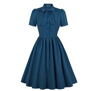 Vintage Women 1940s Bow Tie Neck Dress Retro 40s 50s Button Up Business Work A-line Cocktail Dresses, Marine Blue, XL