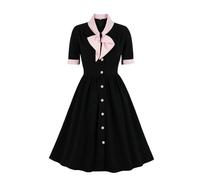 Vintage Women 1940s Bow Tie Neck Dress Retro 40s 50s Button Up Business Work A-line Cocktail Dresses, Black, L