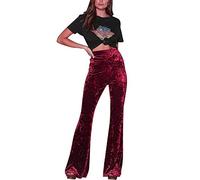 Vintage Women High Waist Gold Velvet Bell Trousers Ladies Wide Leg Flare Long Pants Evening Party Wear (Wine red M)