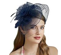 Vintage Women's Feathers Flower Fascinators for Weddings, Elegant Fascinator Hat Pillbox Hat for Women Cocktail Tea Party Headwear Weddings Headband Bridal Tea Partys Accessories, (Navy, One Size)