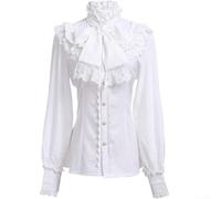 Vintage Womens Victorian Blouse Gothic Lolita Shirt Long Sleeve Lotus Ruffle Top with Turtleneck Neckline for Casual and Stage (S White)