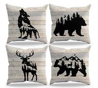 Vintage Wood Forest Wolf Stag Bear Throw Pillow Cover Pillowcase Camp Theme 18x18 Inch Set of 4 Decor for Sofa Bed Couch Home Bedroom Rv Camping Gifts for Camper Adventure Lover, Camper Lover Gift
