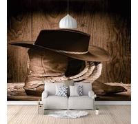 Vintage Wood Grain Cowboy Hat Boots Art 3D Wallpaper Easy Install Feature Office Living Room Sofa Bedroom TV Background Wall Decoration-430cm×300cm