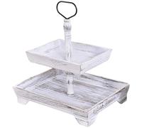 Vintage Wood Tray Stand - Multi-Tier Shelf Rectangle Central Rack with Raised Edges Rustic Farmhouse Decor for Countertop Kitchen Dining and Storage.