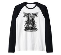 Vintage Woodcut Templar Knight Defeat Darkness Faith Sword Raglan Baseball Tee