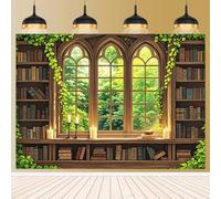 Vintage Wooden Bookshelf Backdrop for Photography Retro Library Window Green Forest Candle Photography Background Medieval Art Book Decorations Photo Props 9x6ft