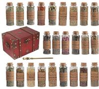 Vintage Wooden Box Herbal Set - Dried Herbs in Glass Jars with Wand | Ideal for Wicca Rituals, Spell Casting, Meditation, Candle Making, Aromatherapy, DIY Crafts (24 Bottles)