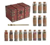 Vintage Wooden Box Herbal Set - Dried Herbs in Glass Jars with Wand | Ideal for Wicca Rituals, Spell Casting, Meditation, Candle Making, Aromatherapy, DIY Crafts (15 Bottles)