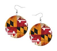 Vintage Wooden Maryland Flag Prints Leather Round Earrings Pendant Stylish And Light Lightweight Dangle For Women Girls, One Size, Leather, No Gemstone