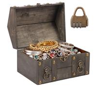 Vintage Wooden Treasure Chest Box with Metal Lock, Decorative Souvenir Storage Box, Antique Keepsakes Storage Organizer, Rectangle Jewelry Trinket Chest Treasure Container for Ring Necklace Earring