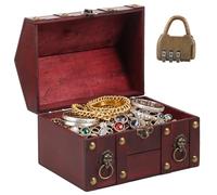 Vintage Wooden Treasure Chest Box with Metal Lock, Decorative Souvenir Storage Box, Antique Keepsakes Storage Organizer, Rectangle Jewelry Trinket Chest Treasure Container for Ring Necklace Earring