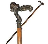 Vintage Wooden Walking Cane with Brass Skull Handle | 39” Antique Style Designer Walking Stick for Men & Women | Collectible & Decorative Cane Gift